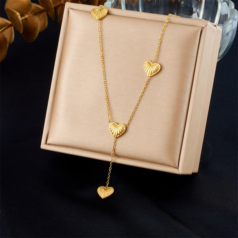 Fashion Simple Striped Heart Tassel Chain Long Stainless Steel Pendant Jewelry Necklace