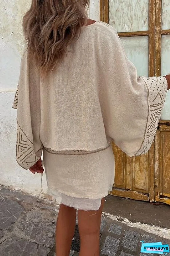 Cierra Linen Blend Ethnic Print Dolman Sleeves Loose Top