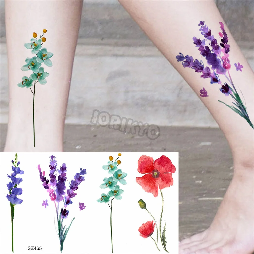 Black Poppy Flower Temporary Tattoos For Women Kids Realistic Lavender Plum Waterproof Fake Tattoo Sticker Tattoo Arm Body