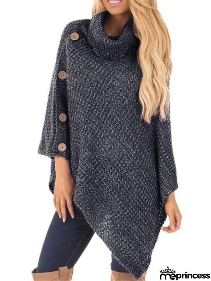 Women Fashion Warm Turtleneck Asymmetrical Sweater Cloak