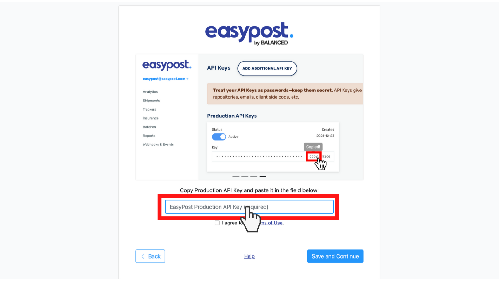 Connect your Easypost account via Production API key