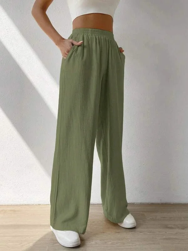 Elasticity Solid Color Split-Joint High Waisted Loose Trousers Pants