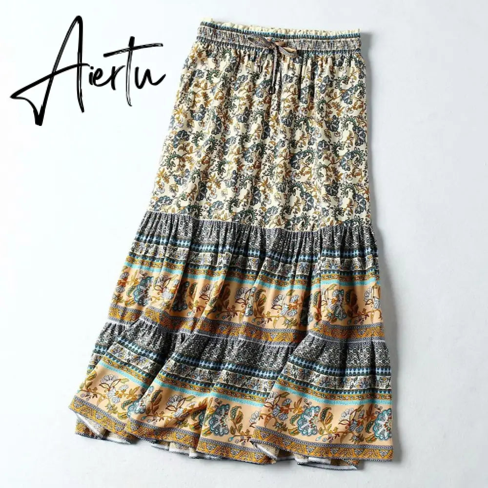 Bohemia Floral Print Long Skirt Turquoise Spliced Ruched Ruffle Hem Hippie Women Adjust Stream Waist Swing Skirts Holiday Beach Aiertu