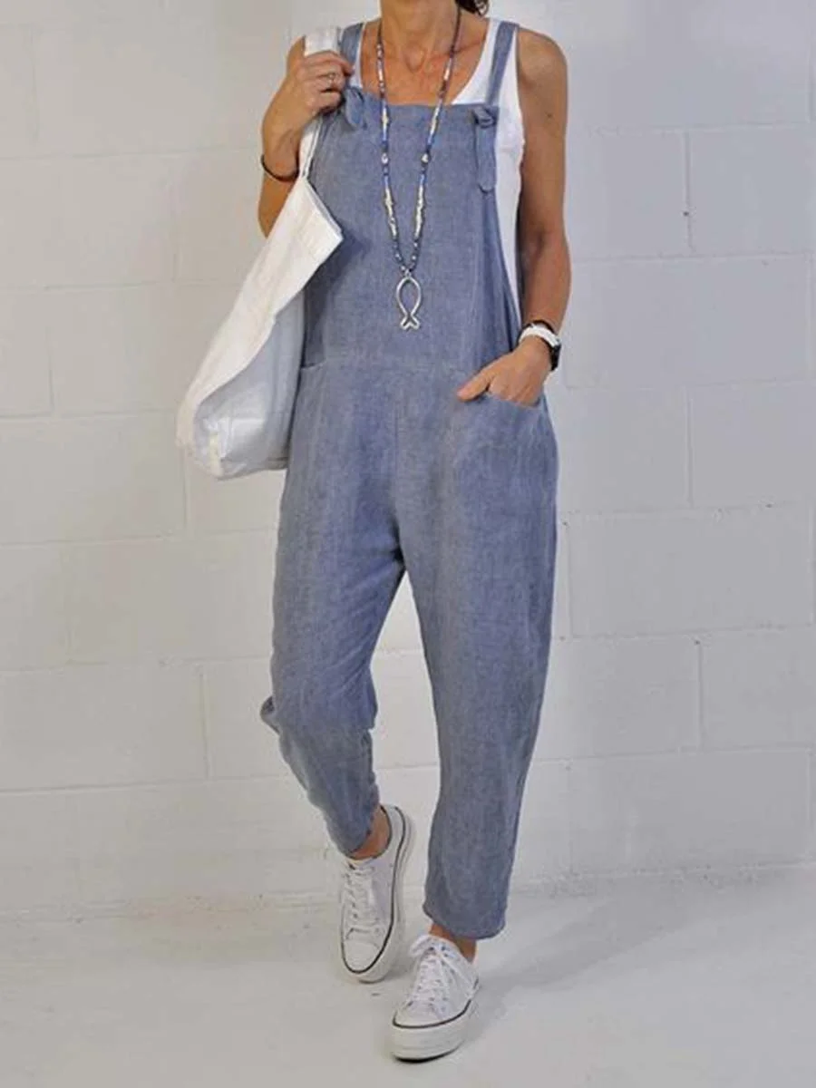 Women's Casual Solid Color Pocket Blue Jumpsuit122604
