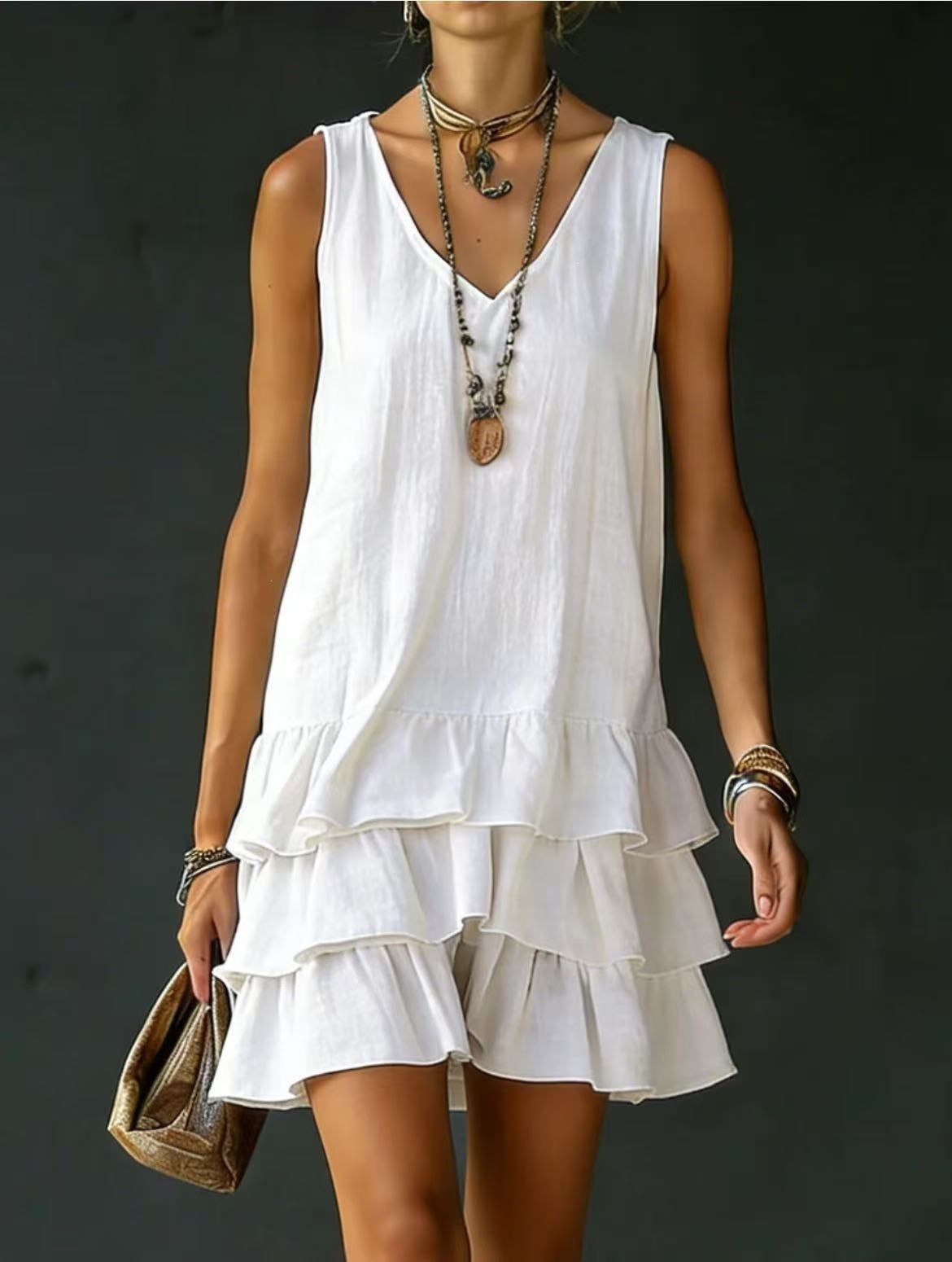 Women&rsquo;s Sleeveless V-Neck Loose Tiered Ruffle Hem Solid Casual Mini Dress