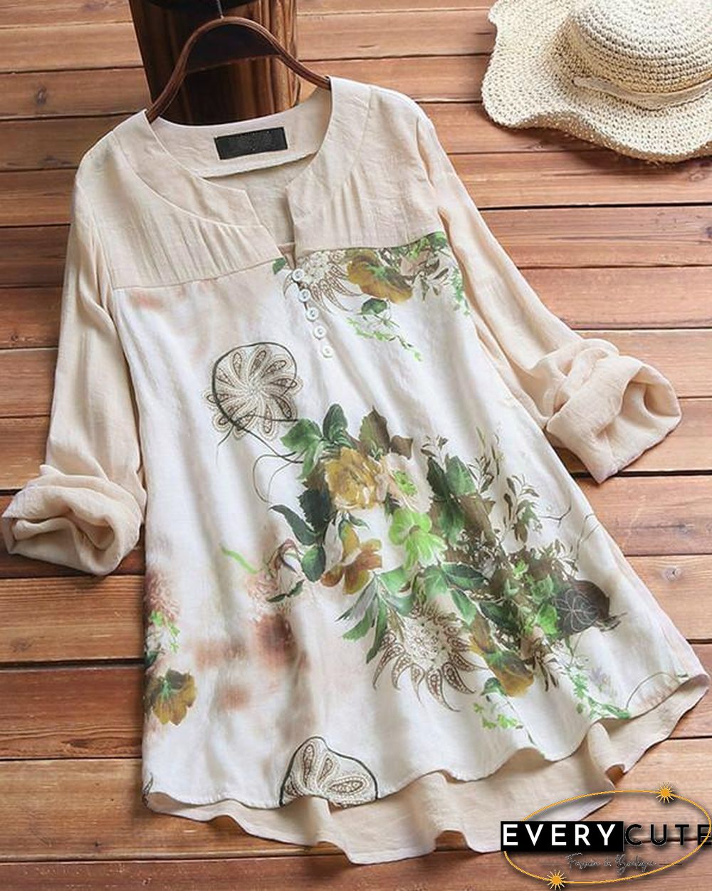 V-neck Random Floral Printed Long Sleeve Plus Size Blouse