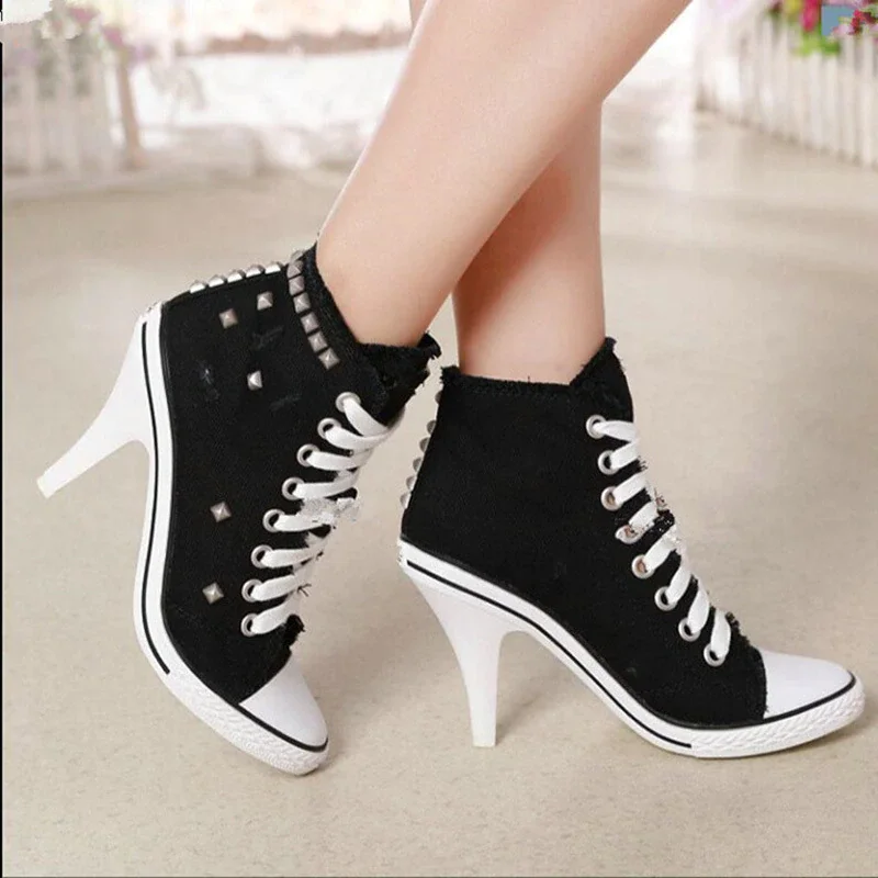 Yyvonne Women Canvas Shoes Denim High Heels Black Rivets Shoes Fashion Shoe Laces Sneakers Women Short Boots