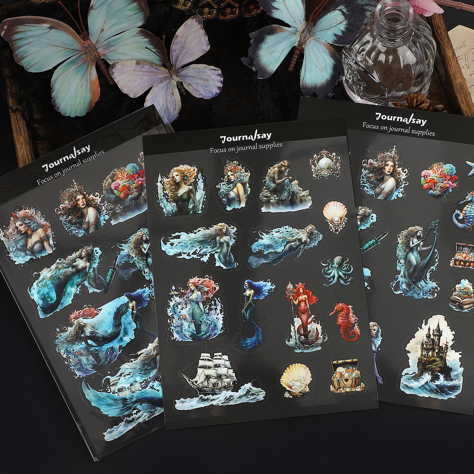 PET 스티커 - 2매 빈티지 인어 바다 캐릭터