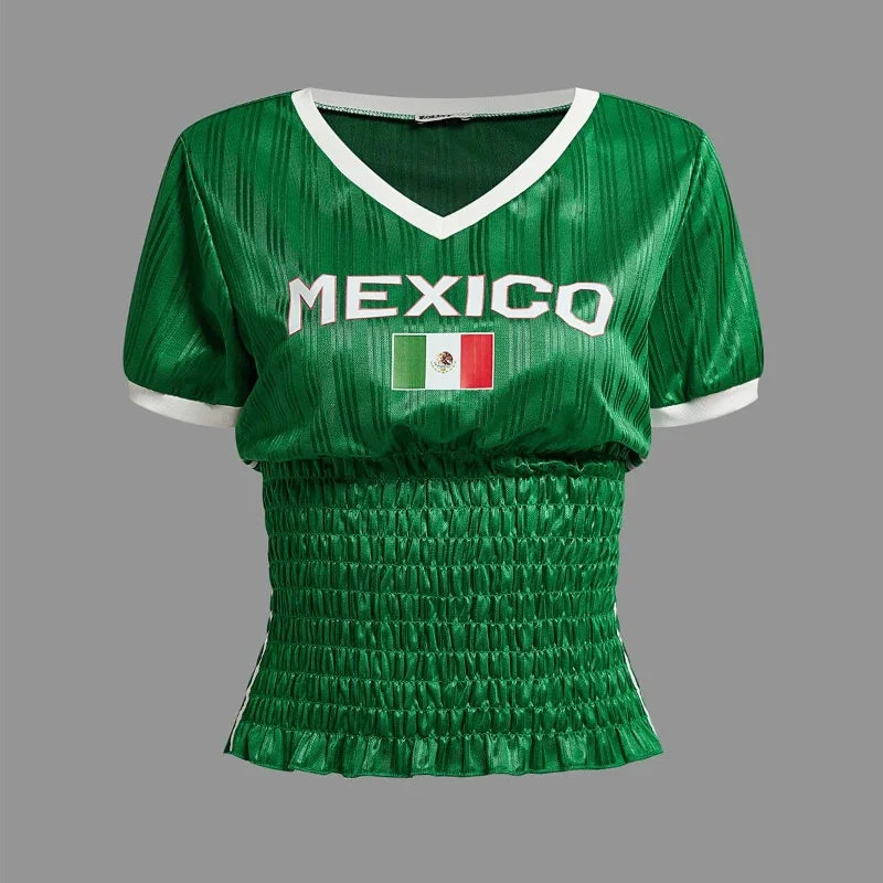Woherb Green Ruched Mexico Jersey Top-Outfit Ideas