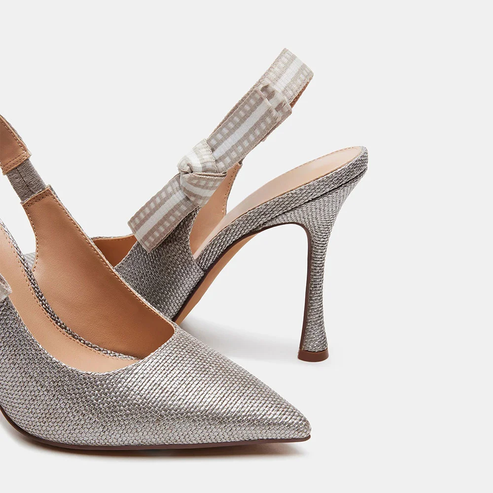 Fashion Glitter Closed Pointed Toe Bow Slingback Slip On Silver Pumps