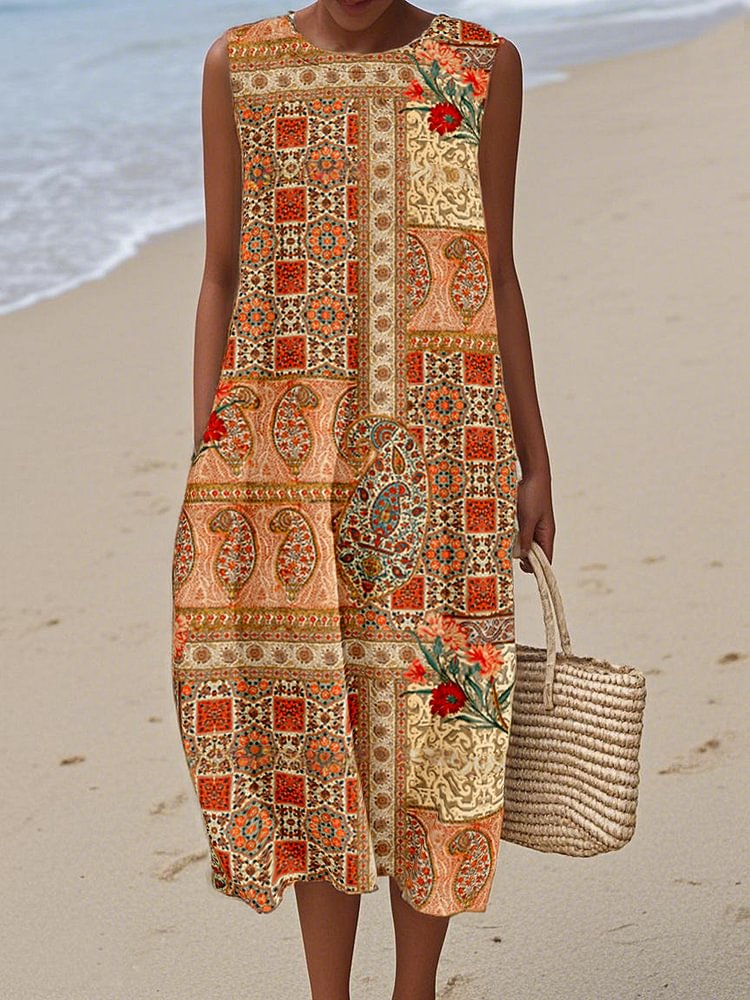 Women's Bohemian Print Cotton and Linen Dress