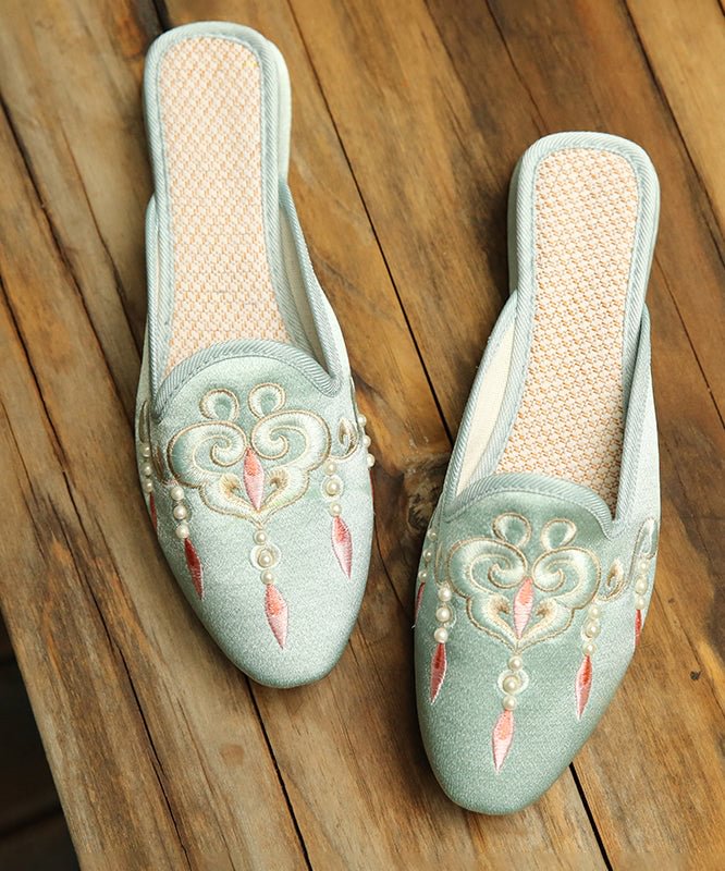 Comfy Light Green Embroideried Pearl Cotton Fabric Slide Sandals CK1148- Fabulory
