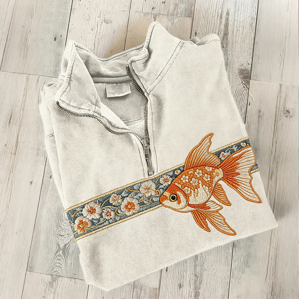 Vintage Floral Goldfish Art Zip Up Washed Sweatshirt wearshes