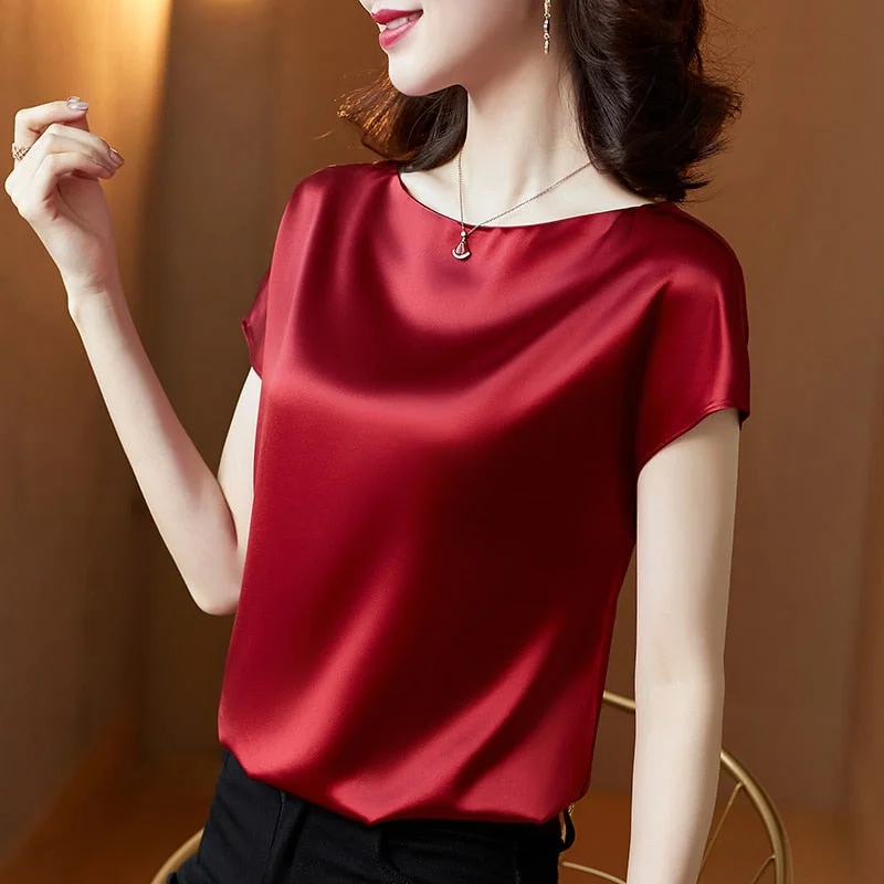 Satin Blouse Women Shirts Fashion Office Lady Tops Summer Short Sleeve Blouses Simple Solid Casual Loose Shirt Blusas 13377