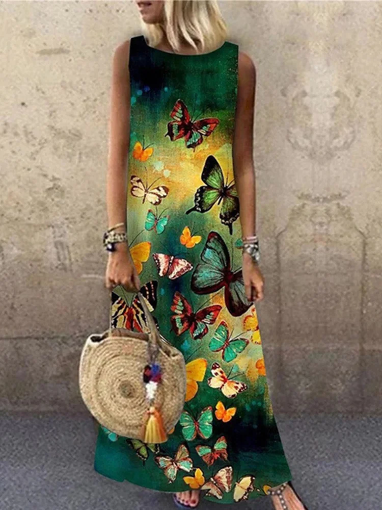 Butterfly Art Series Printed Sleeveless Maxi Dress