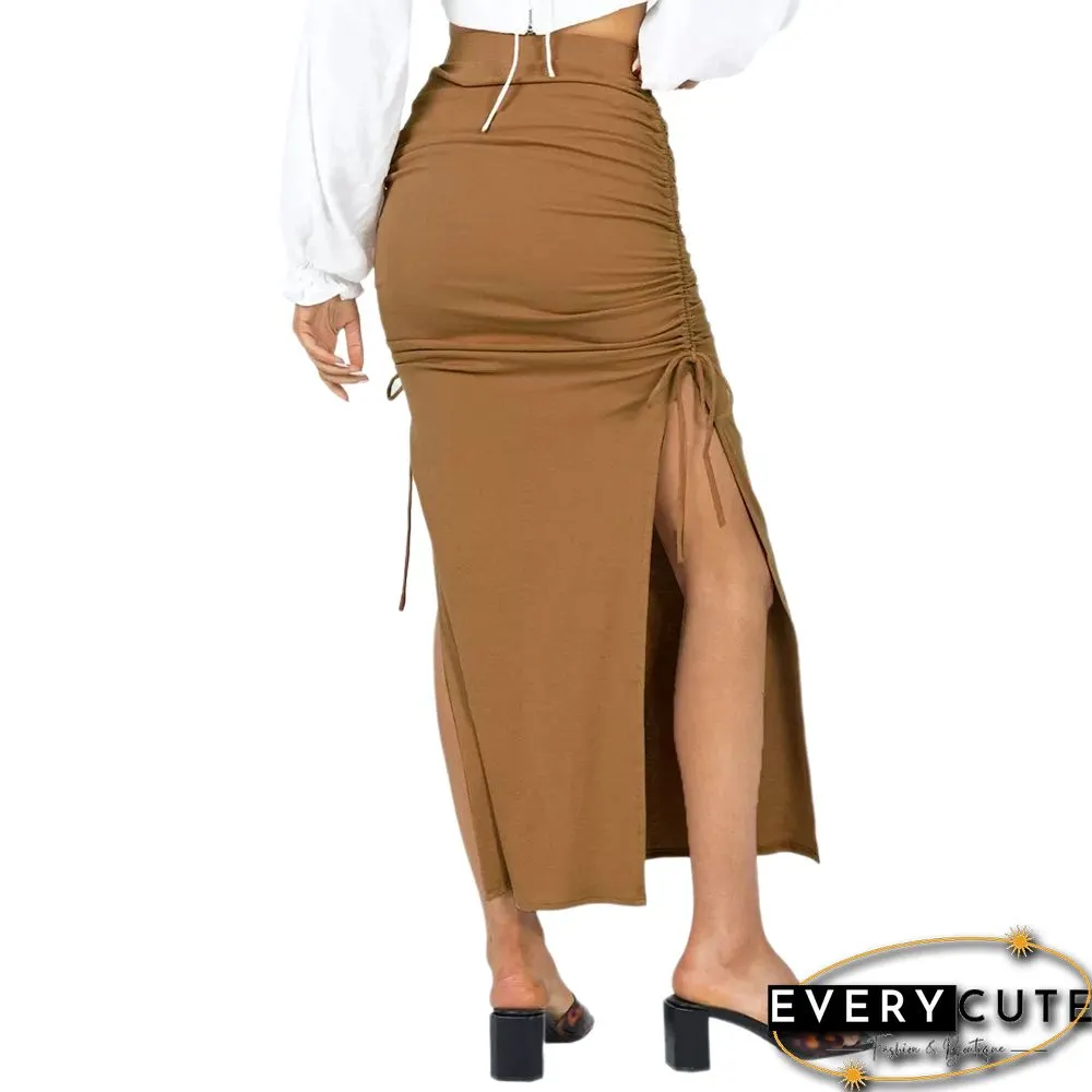 Khaki Slit Pleated Bodycon Maxi Skirt