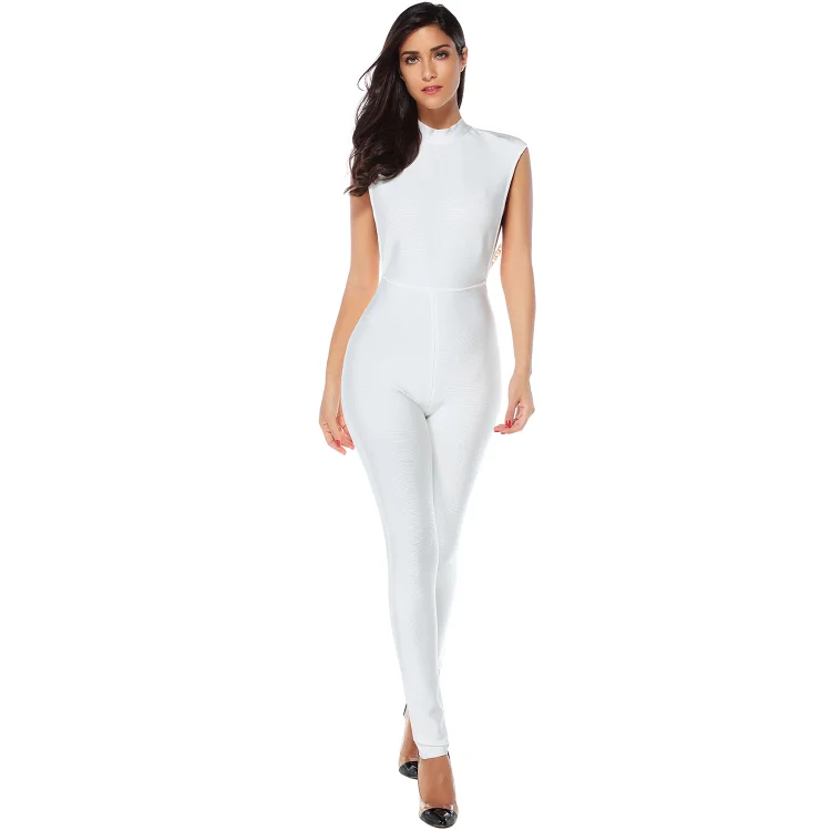 White Beaded Backless Bandage Jumpsuit H0129