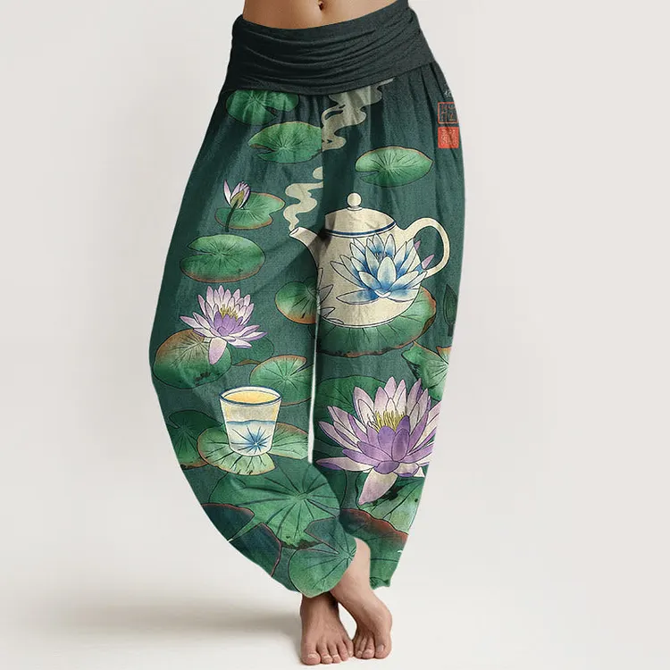 Cotton Fresh Teapot Cup Lotus Flower Leaf Pattern Women's Elastic Waist Harem Pants