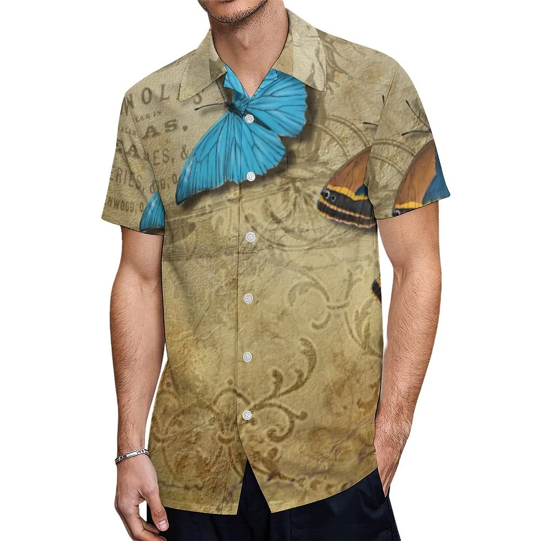 Decoupage Vintage Butterflies Tea Script Hawaiian Shirt Mens Button Down Plus Size Tropical Hawaii Beach Shirts