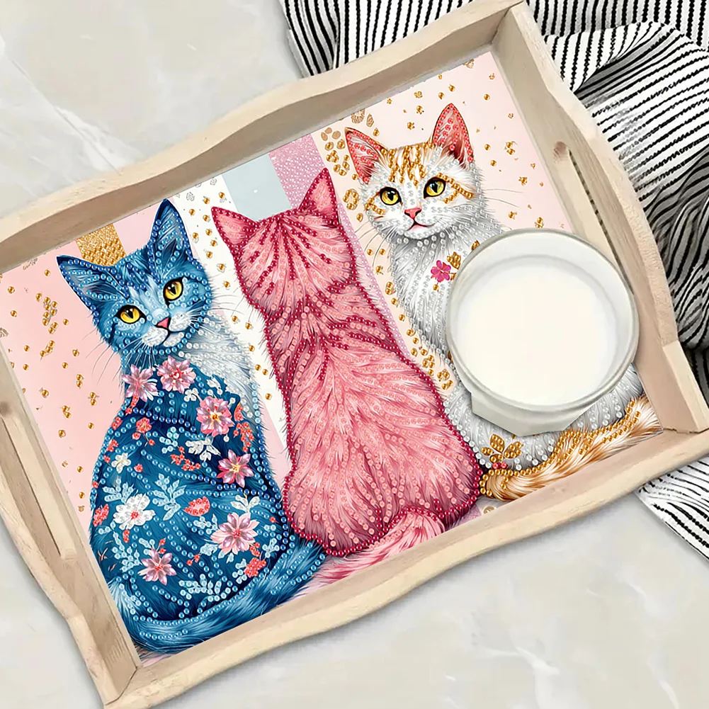 5D DIY Cat Diamond Painting Wooden Serving Tray with Handle for Desk