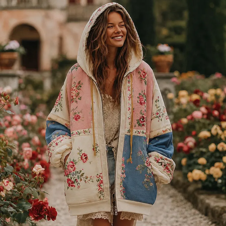 Women's Vintage Floral Color Block Warm Zip Hoodie Cardigan