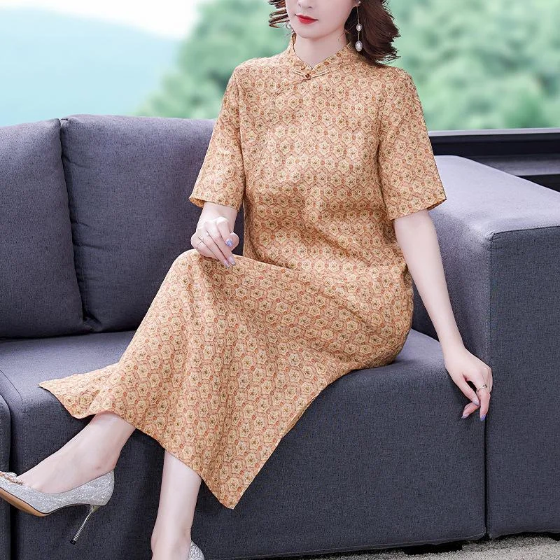 Women's new printed retro short-sleeved cheongsam linen long dress