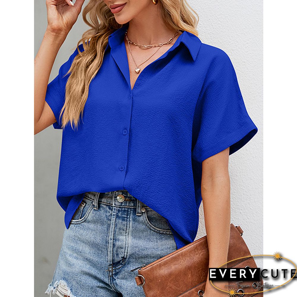 Blue Button Lapel V Neck Short Sleeve Shirt