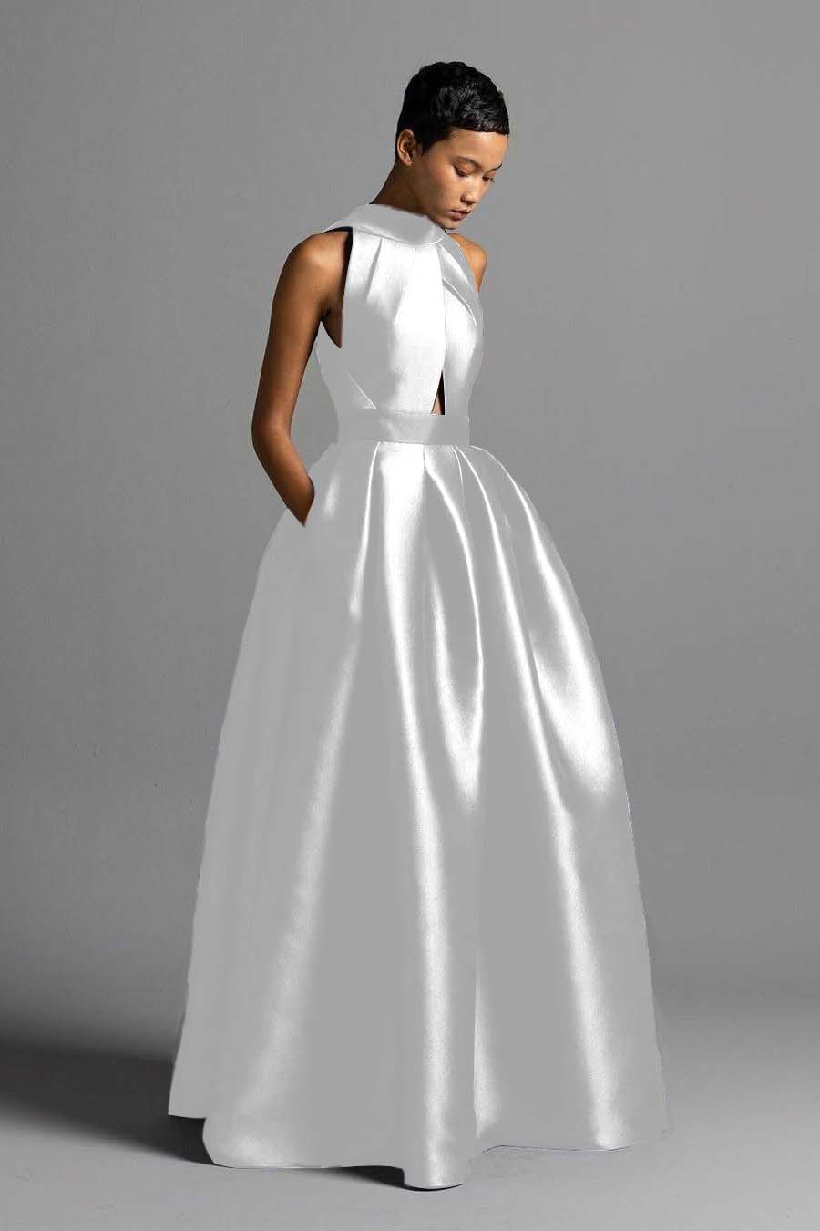 Daisda Exquisite Royal Blue Satin Halter Strapless Sleeveless A Line Prom Dress with Pleated 