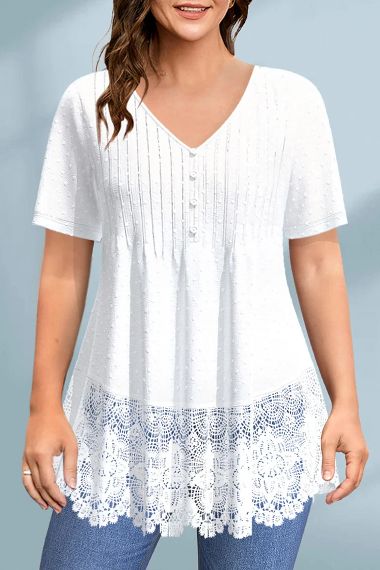 Flycurvy Plus Size Casual White Lace Stitching Decorative Button Fold Blouse  Flycurvy [product_label]