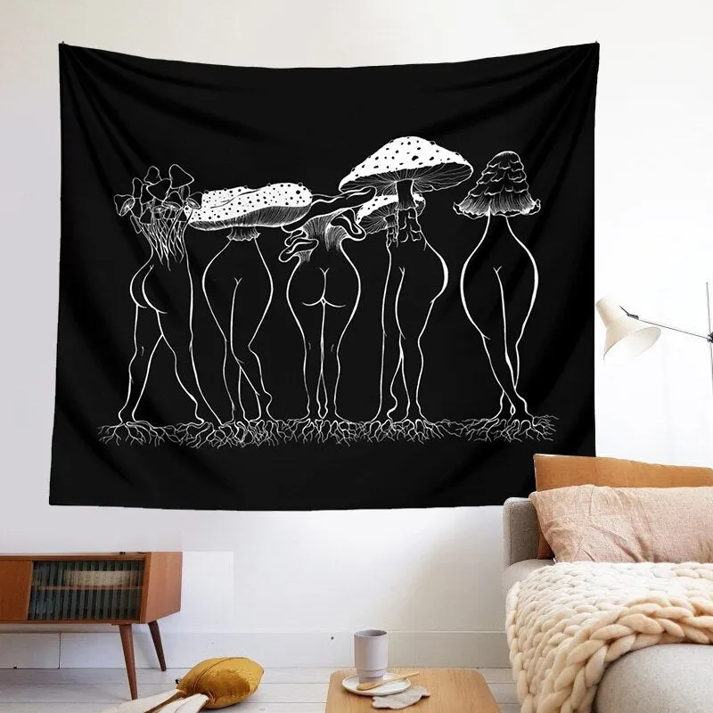 Mushroom woman Tapestry Black and White Wall Hanging Bedroom Aesthetic Dorm Wall Carpet Boho Decor Home Decoration Wall poster