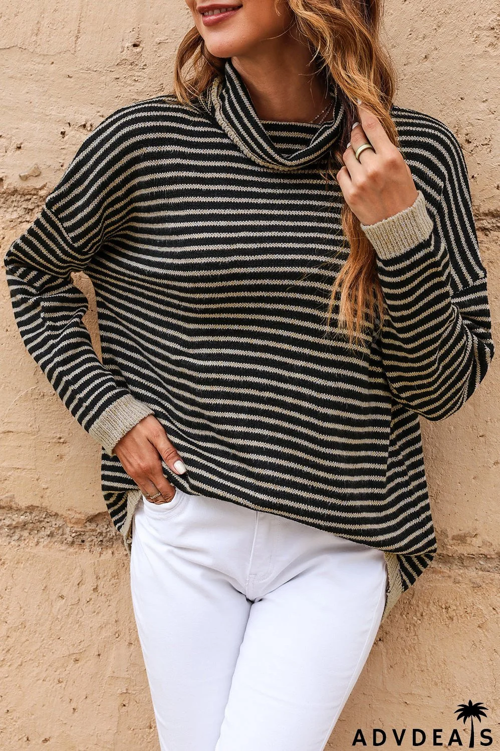 Brown Striped Turtleneck Loose Sweater