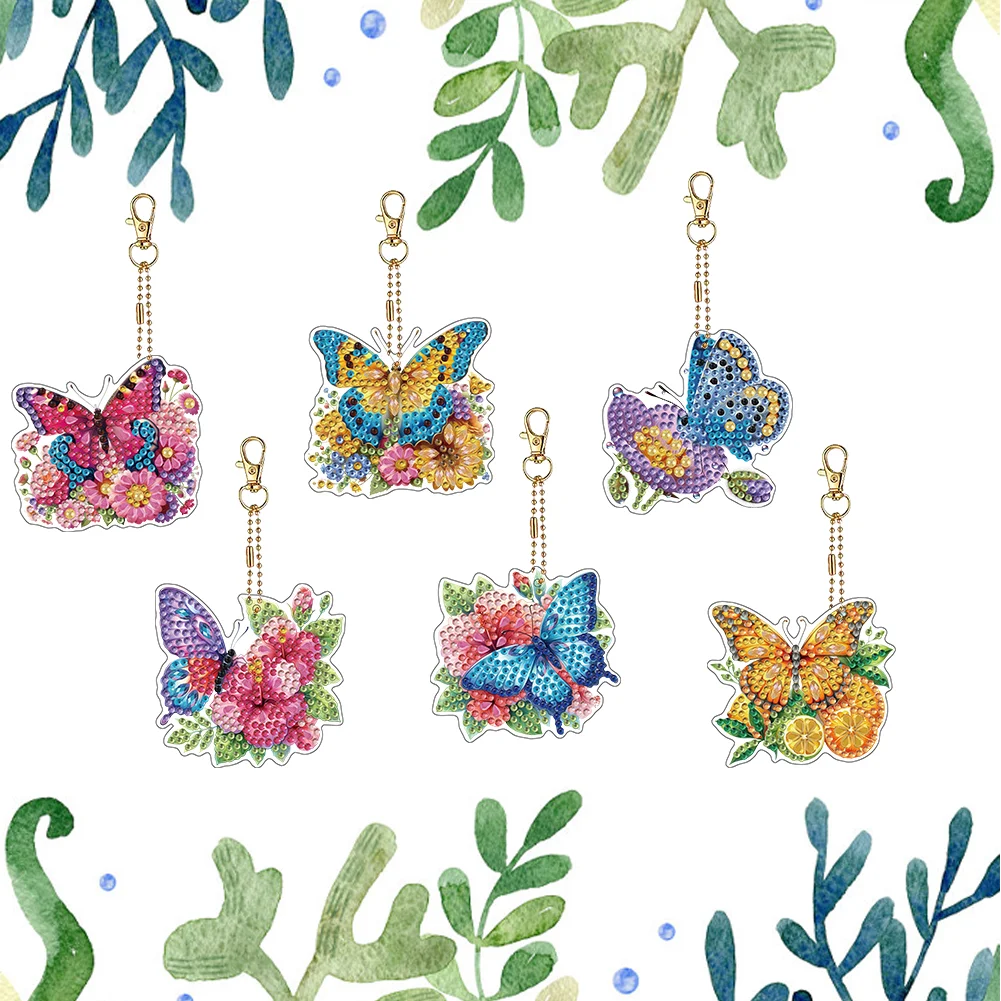 6Pcs Double Sided Special Shaped Butterfly Diamond Painting Keychain for Adults