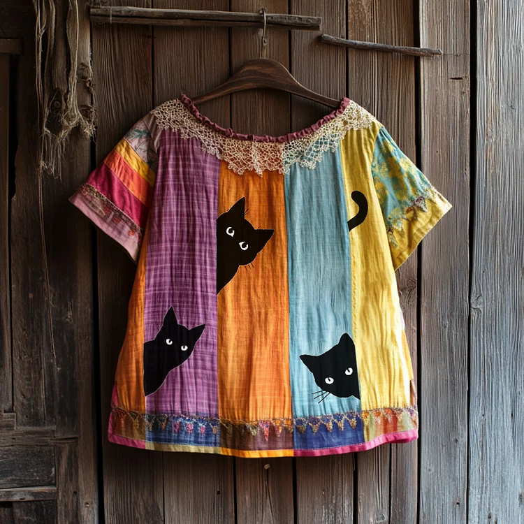 Vintage Abstract Creative Black Cat Peeking With Floral Patchwork Art Cotton Linen Comfy Shirt