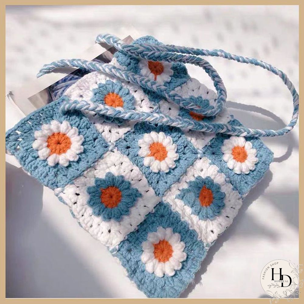 Multi Colors Hand Woven Knit Summer Sunflower Daisy Flowers Tote Bag