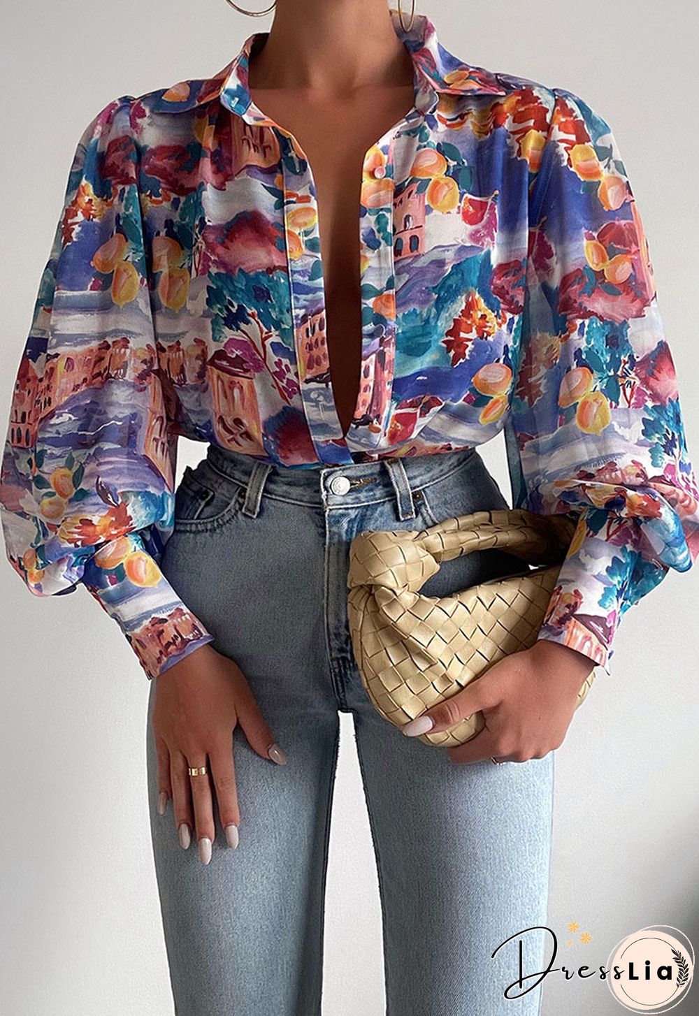 Fashion Lantern Sleeve Spring Summer Tops Blouses Casual Pattern Printed Single-bleached