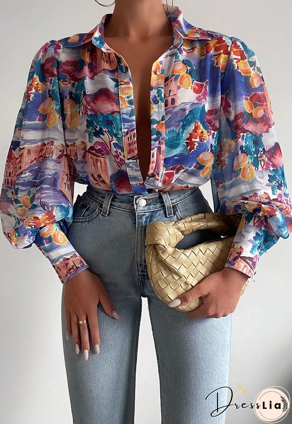 Fashion Lantern Sleeve Spring Summer Tops Blouses Casual Pattern Printed Single-bleached