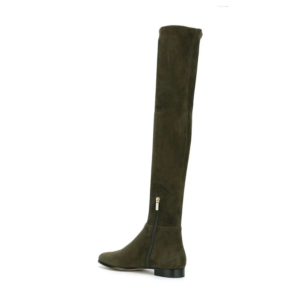 Simple Vegan Suede Chunky Heel Round Toe Over The Knee Boots in Olive