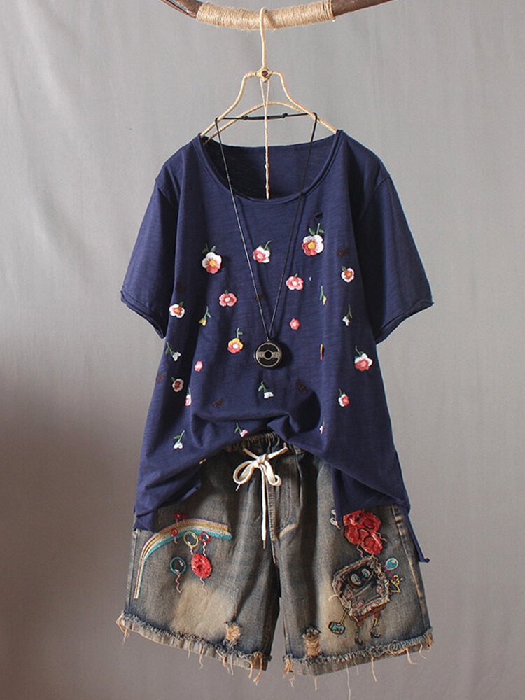 Embroidery Short Sleeve O Neck Casual T shirt For Women P1708909