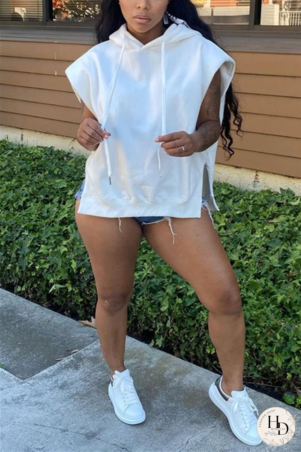 Black Casual Simplicity Solid Draw String Slit Hooded Collar Tops