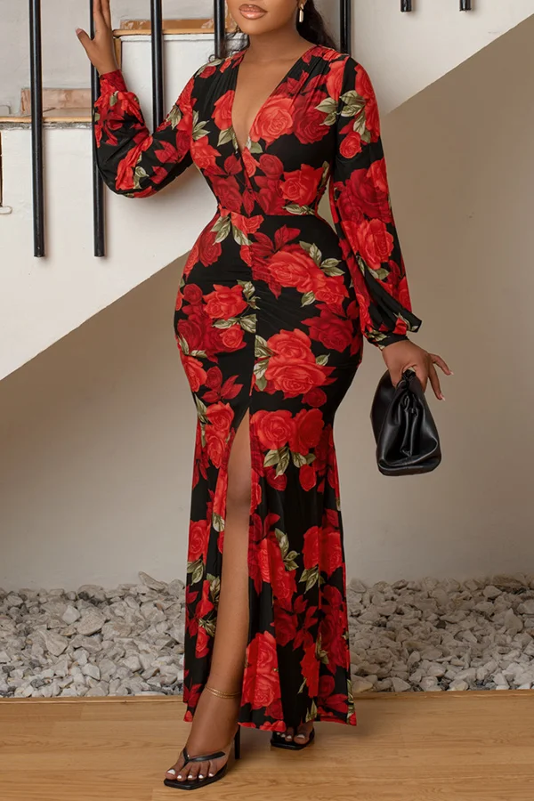 Chic Flower Print V Neck Maxi Dress