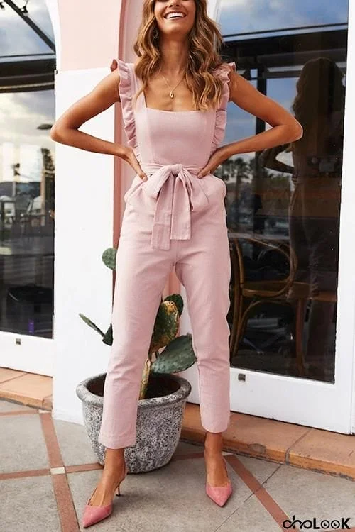 Ruffles Sqaure Neck Bleted Jumpsuits