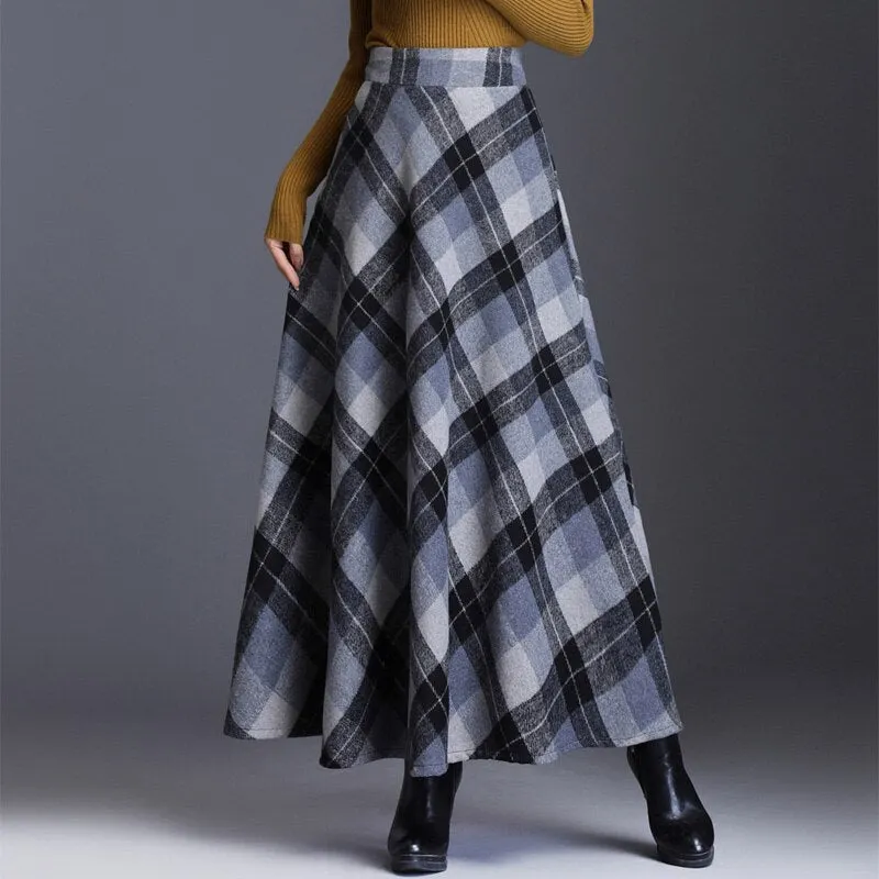 High Waist Woolen Skirts Women Winter 2019 Fashion Streewear Wool Long Pleated Skirt Casual Ladies Saia Longa Plaid Female Skirt