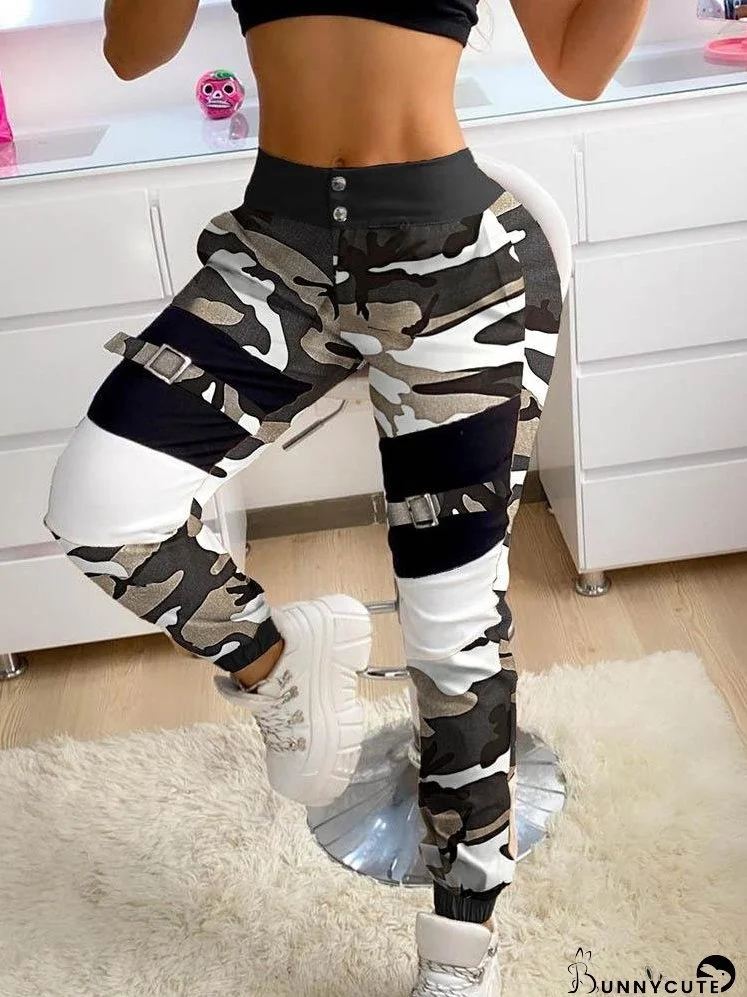 Buckle Camouflage Print Cargo Pants for Women