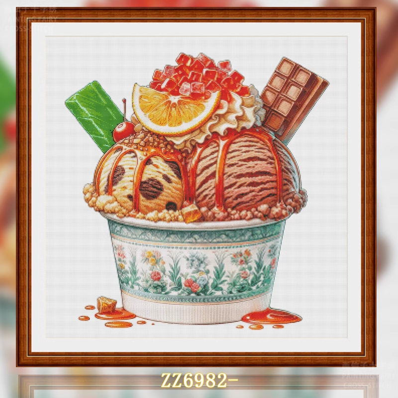 1set DIY Printed Cross Stitch Kit, 【ZZ6982 Chocolate Ball Ice Cream】 Painting Fairy Cross Stitch