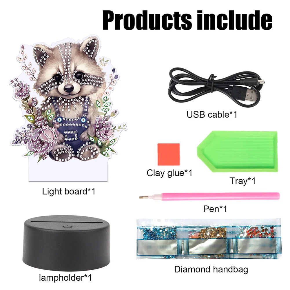 5D DIY Acrylic Raccoon Double Sided Diamond Painting LED Night Light for Adults
