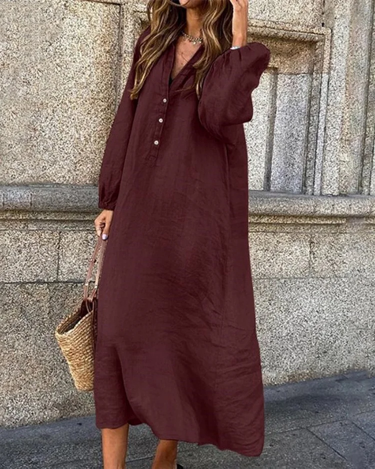 Cotton Linen Solid Color V-Neck Button Dress