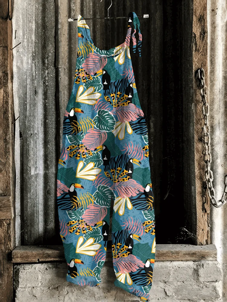 Vintage Toucan Print Casual Jumpsuit