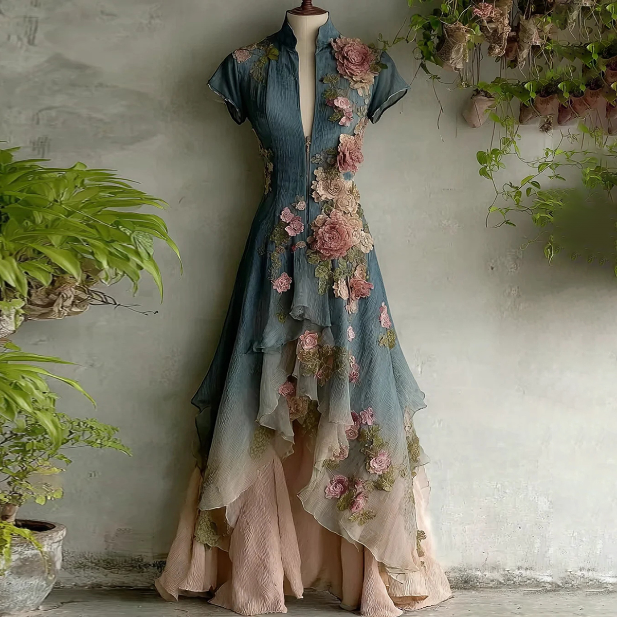 Women's Elegant Gradient Flowers Embroidery Irregular Ruffle Maxi Dress wearshes