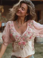 Women's Bohemian Pink And White Peony Embroidered Linen V-neck Short Sleeves