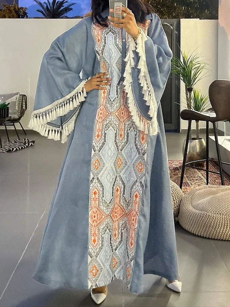 Fringed Geometric Print Lapel Dress